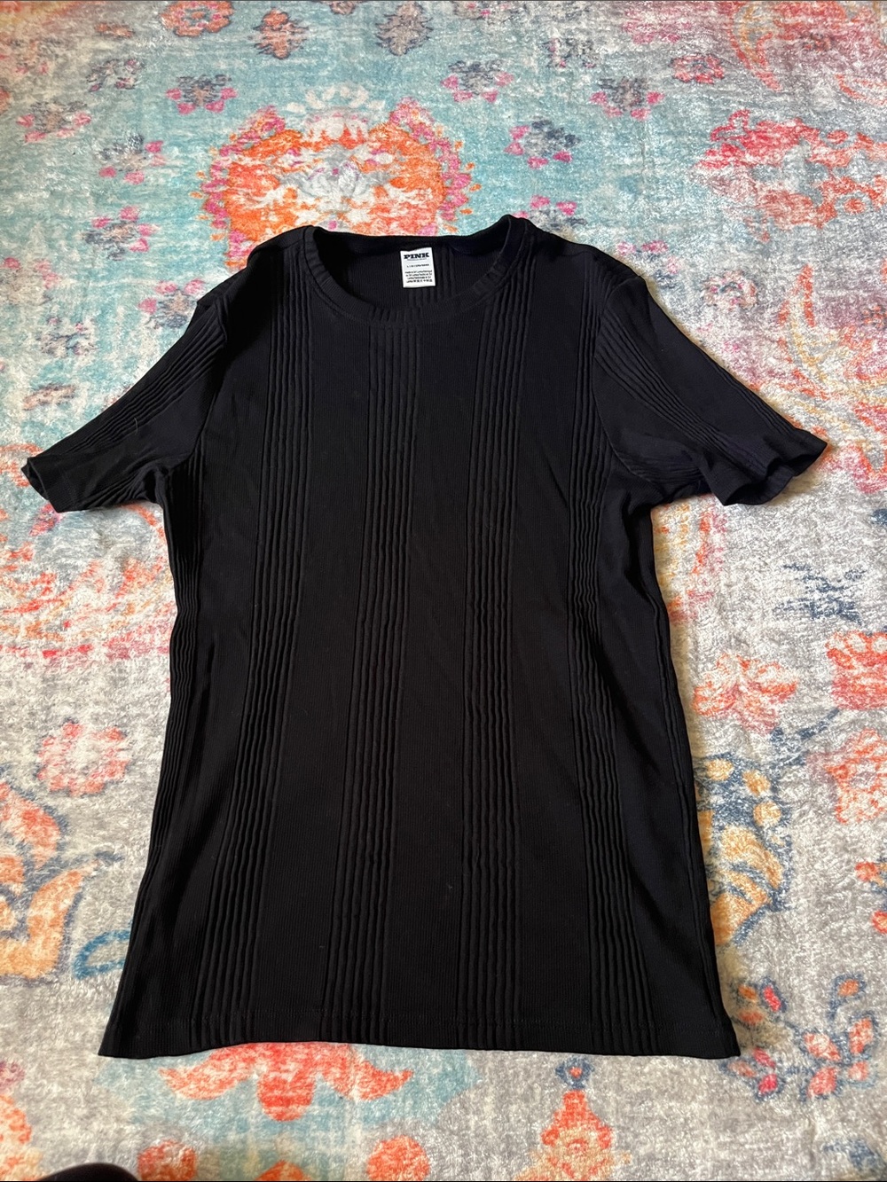 PINK Victoria's Secret Black Vertical Ribbed Short Sleeve Tee